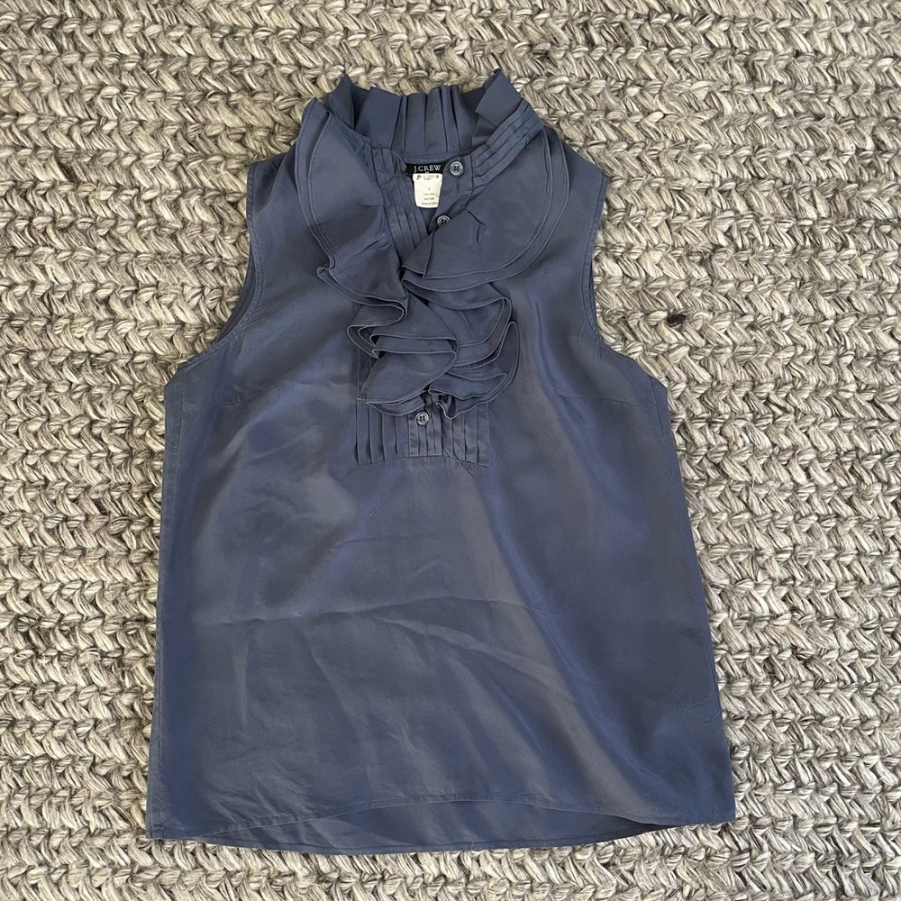 J Crew blue ruffle sleeveless top 100% silk